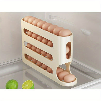 Rolling egg holder for refrigerator with large capacity, stackable and BPA-free. No batteries needed.