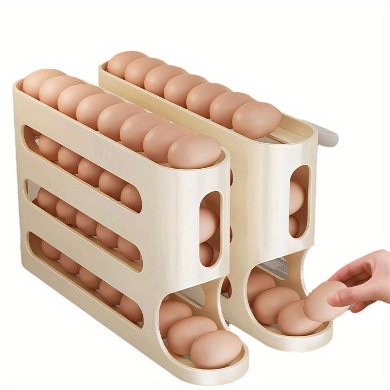 Rolling egg holder for refrigerator with large capacity, stackable and BPA-free. No batteries needed.