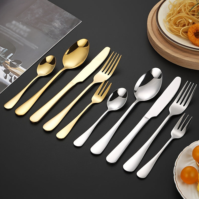 30-piece stainless steel flatware set with steak knives, forks, spoons, and teaspoons - ideal for home, hotel, or restaurant use.