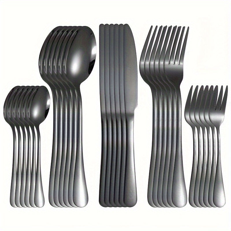 30-piece stainless steel flatware set with steak knives, forks, spoons, and teaspoons - ideal for home, hotel, or restaurant use.