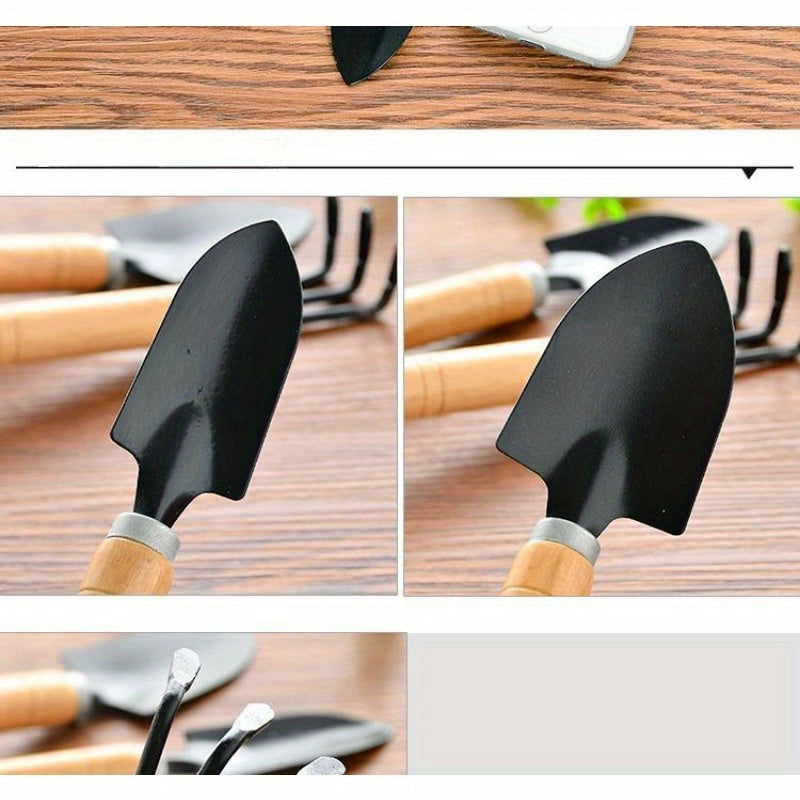 Succulent gardening tool set includes sturdy metal and wood hand tools for potting and planting without electricity.