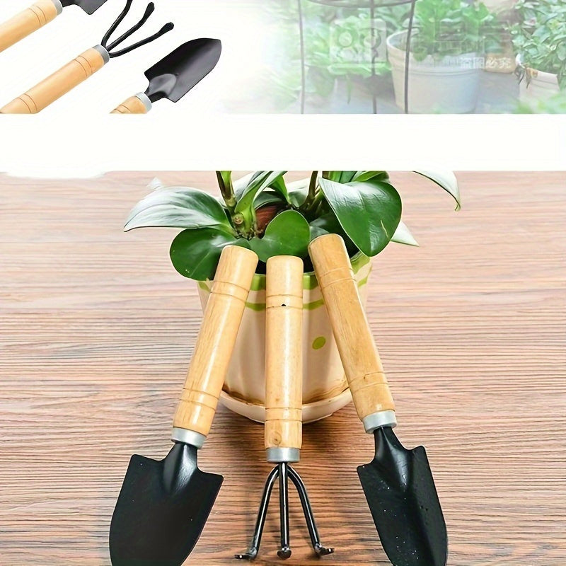 Succulent gardening tool set includes sturdy metal and wood hand tools for potting and planting without electricity.