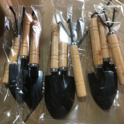 Succulent gardening tool set includes sturdy metal and wood hand tools for potting and planting without electricity.