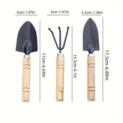 Succulent gardening tool set includes sturdy metal and wood hand tools for potting and planting without electricity.