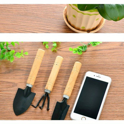 Succulent gardening tool set includes sturdy metal and wood hand tools for potting and planting without electricity.