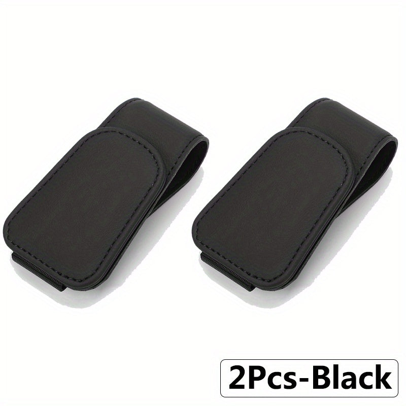 Get two PU leather car sunglass holders with a magnetic visor clip mount and universal glasses hanger with card slot. These auto interior accessories are perfect for drivers aged 14 and older.