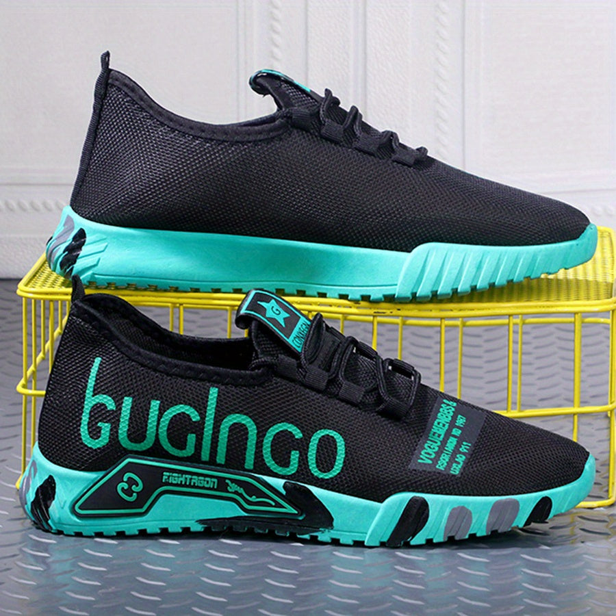 Breathable canvas running sneakers for men in black with teal accents. Lightweight with EVA sole and lace-up closure. Casual sporty design with letter print pattern and durable traction.