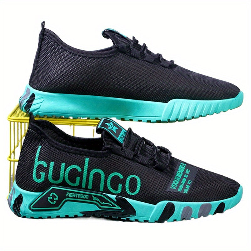 Breathable canvas running sneakers for men in black with teal accents. Lightweight with EVA sole and lace-up closure. Casual sporty design with letter print pattern and durable traction.