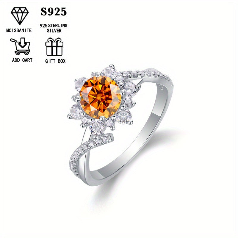 This Sunflower Ring in S925 Sterling Silver is adorned with a stunning 1Ct Colored Moissanite. It is low allergic and exudes an elegant, bohemian style that is perfect for both daily wear and weddings. Presented in a Moissanite gift box, this ring is