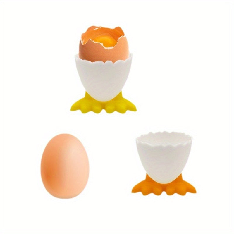 4 plastic egg cup holders with cartoon base design, perfect for boiled eggs. Durable, kid-friendly, and ideal for breakfast and parties.