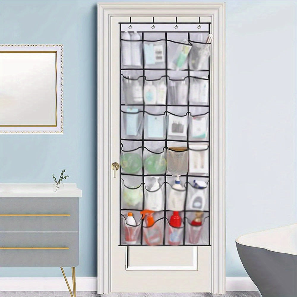 Over-the-door shoe organizer with 24 large mesh pockets.