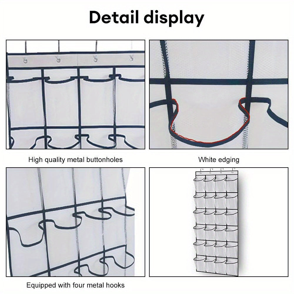 Over-the-door shoe organizer with 24 large mesh pockets.