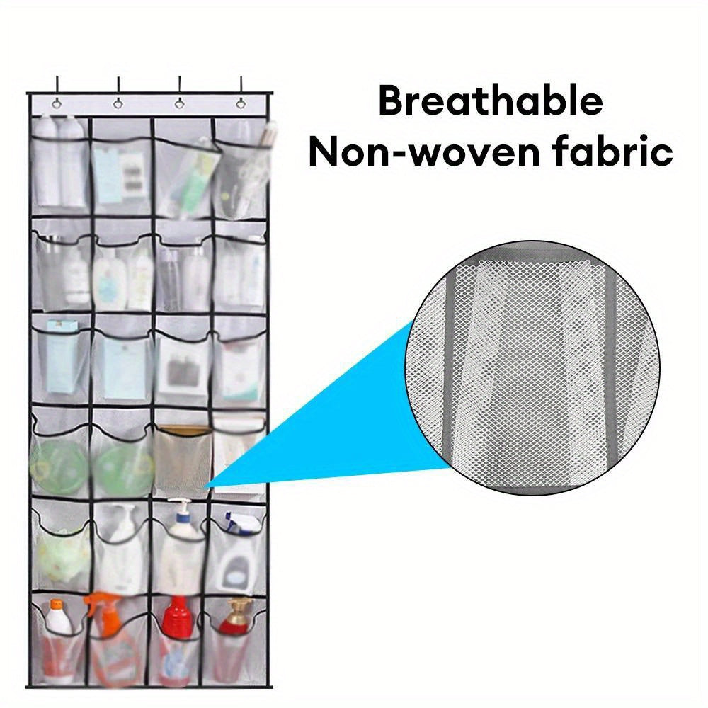 Over-the-door shoe organizer with 24 large mesh pockets.