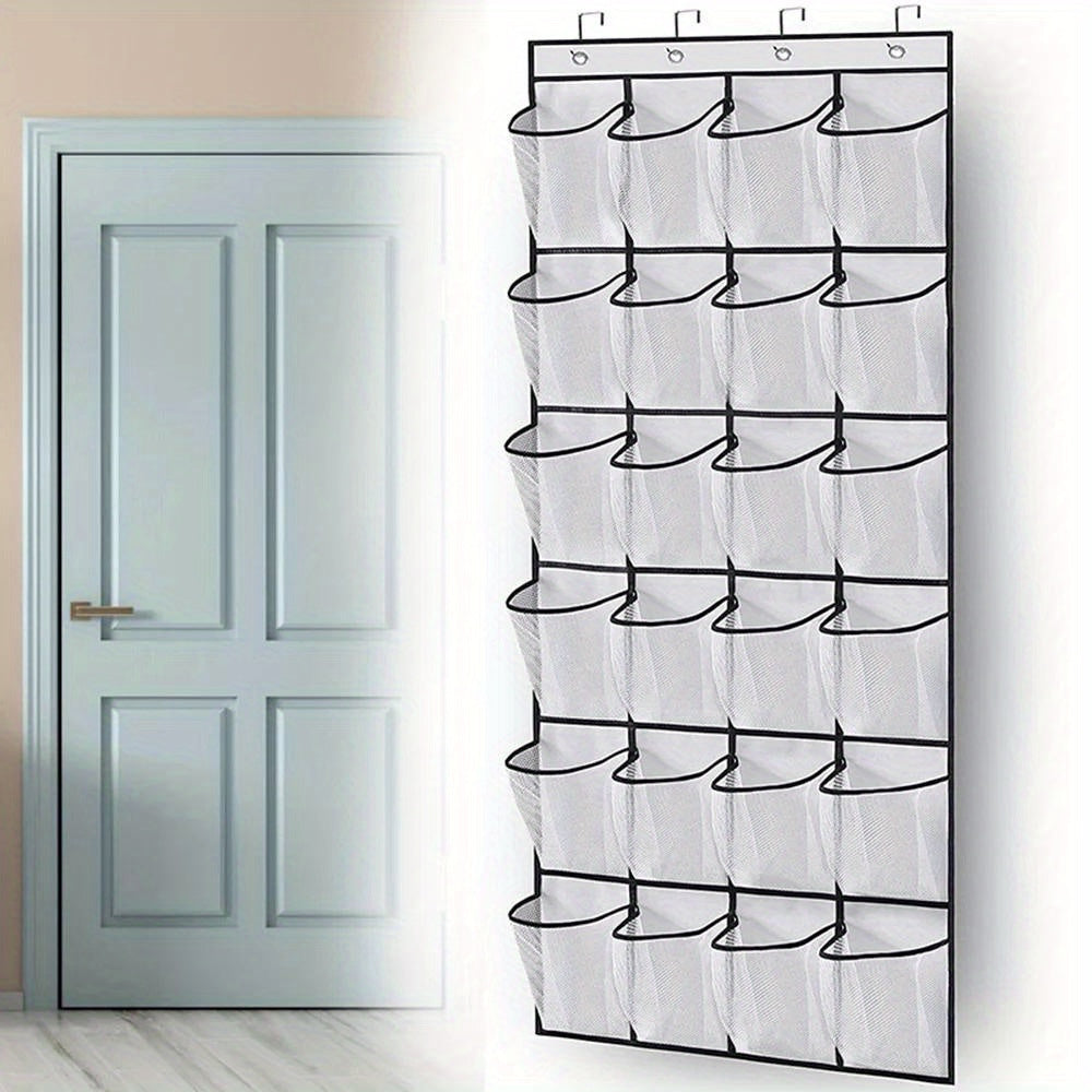 Over-the-door shoe organizer with 24 large mesh pockets.