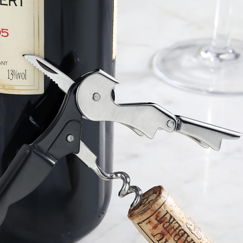 Stainless steel wine opener with foil cutter, seahorse design, multi-functional, perfect Christmas gift, no power required.