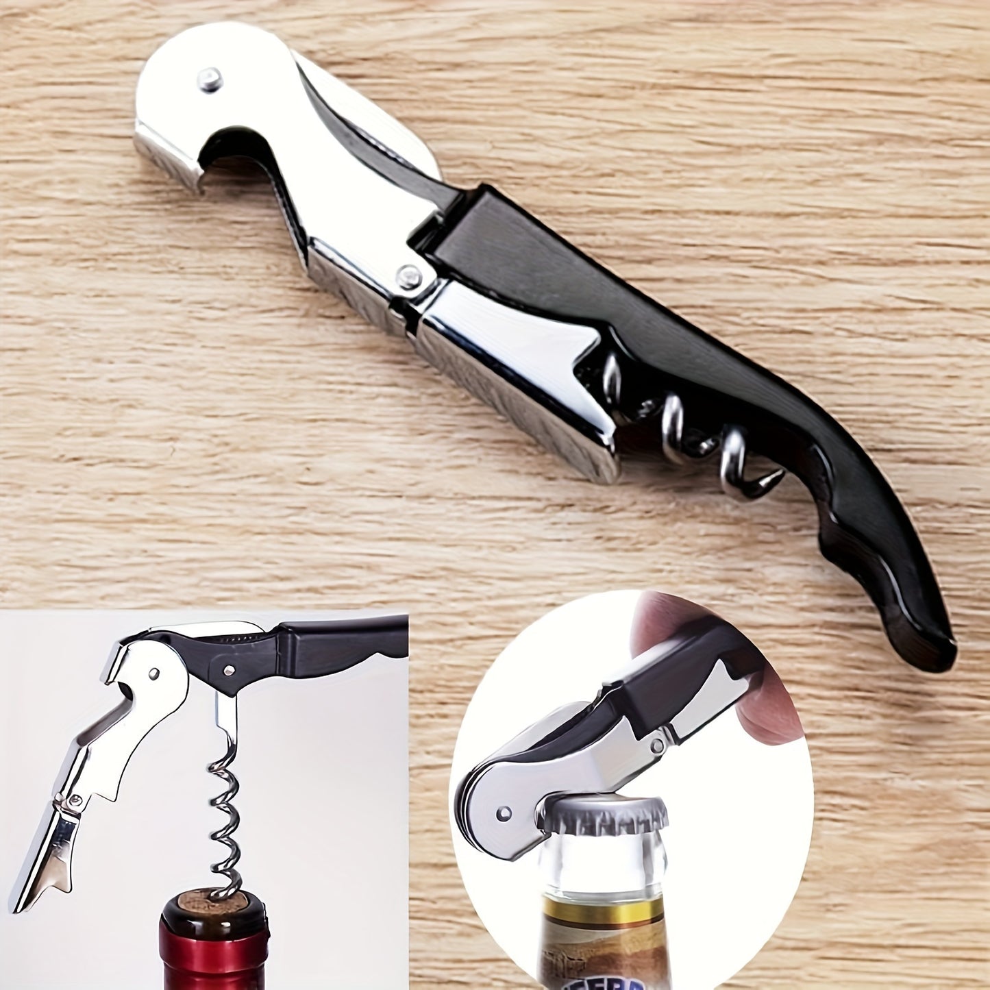 Stainless steel wine opener with foil cutter, seahorse design, multi-functional, perfect Christmas gift, no power required.