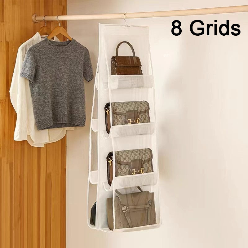 Compact 8-pocket handbag organizer made of fragrance-free Oxford cloth with foldable design for space-saving storage in closets.