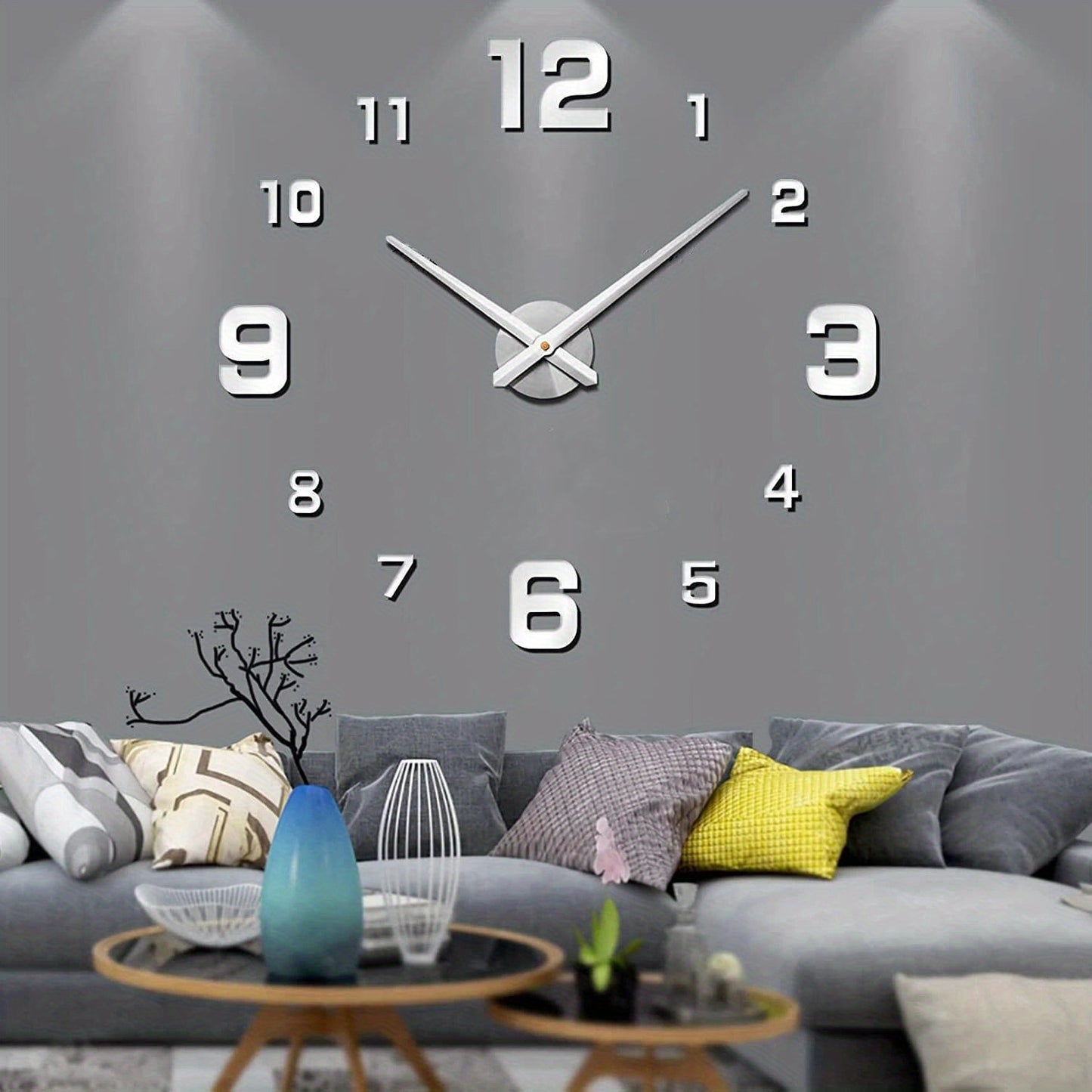 Large 3D DIY wall clock with mirror surface stickers, battery powered, irregular shape, acrylic plastic material, battery not included. Perfect frameless decorative clock for home, office