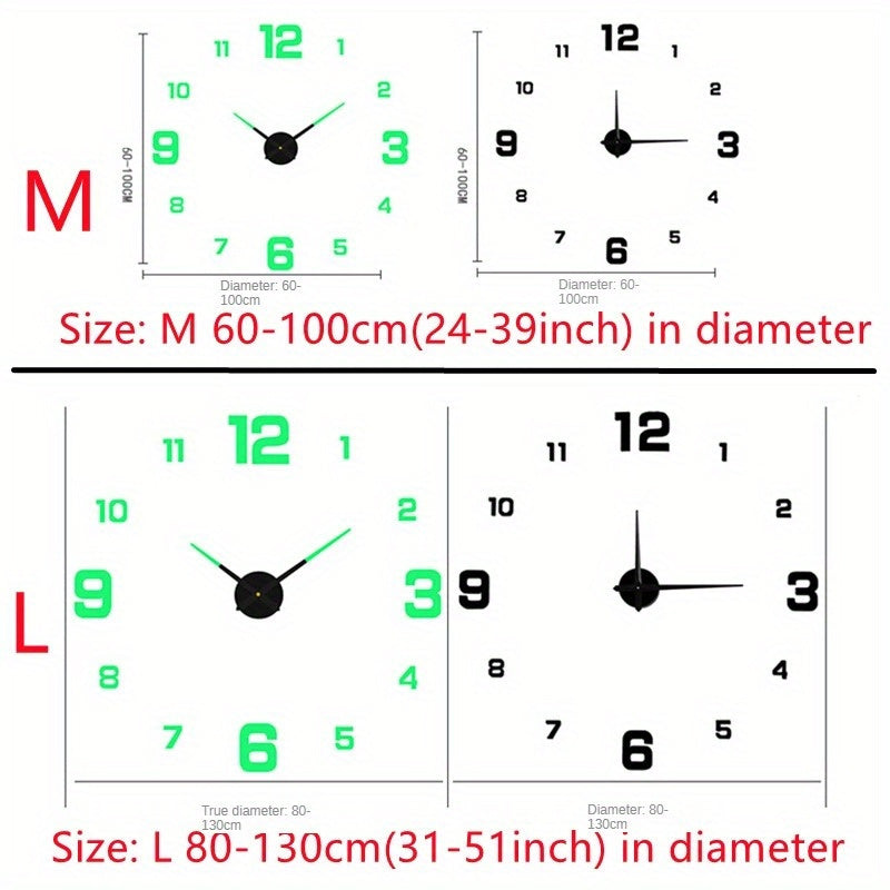 Large 3D DIY wall clock with mirror surface stickers, battery powered, irregular shape, acrylic plastic material, battery not included. Perfect frameless decorative clock for home, office