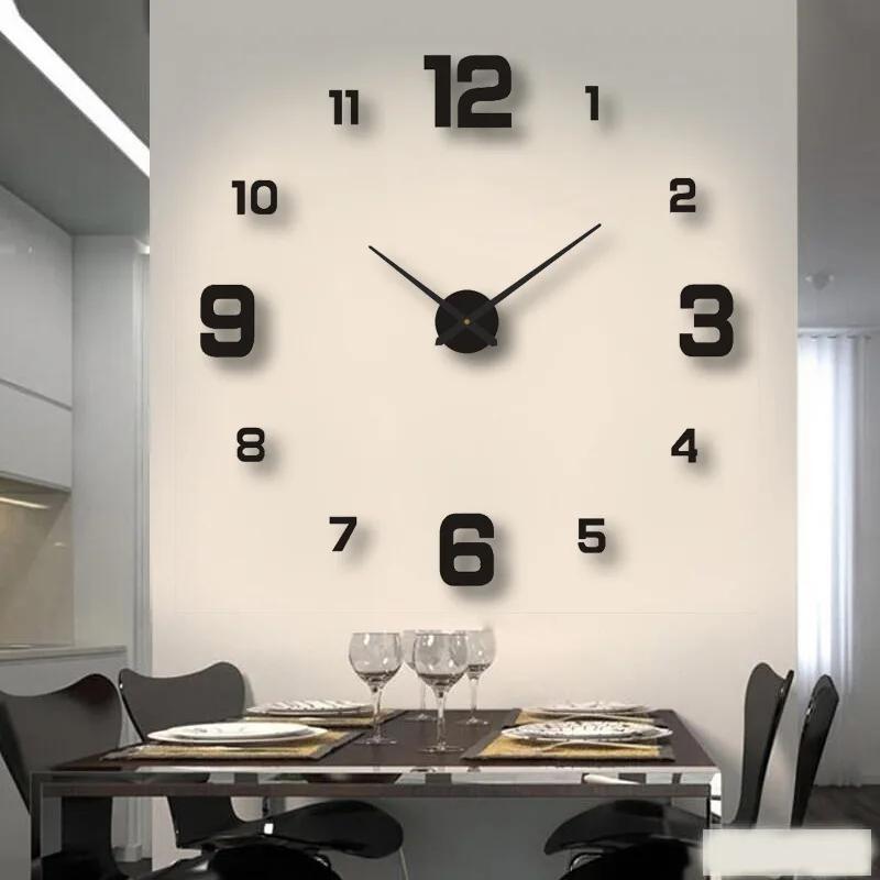 Large 3D DIY wall clock with mirror surface stickers, battery powered, irregular shape, acrylic plastic material, battery not included. Perfect frameless decorative clock for home, office