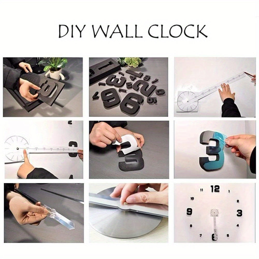 Large 3D DIY wall clock with mirror surface stickers, battery powered, irregular shape, acrylic plastic material, battery not included. Perfect frameless decorative clock for home, office