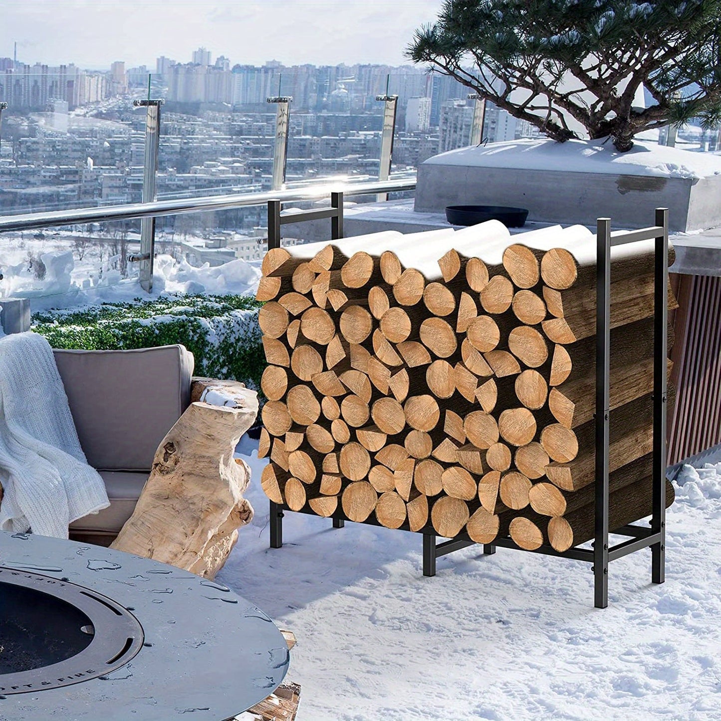 Adjustable Firewood Rack - This heavy-duty outdoor/indoor wood storage organizer for fireplaces is made of durable metal with a black powder coating and measures 79.25cm in length.