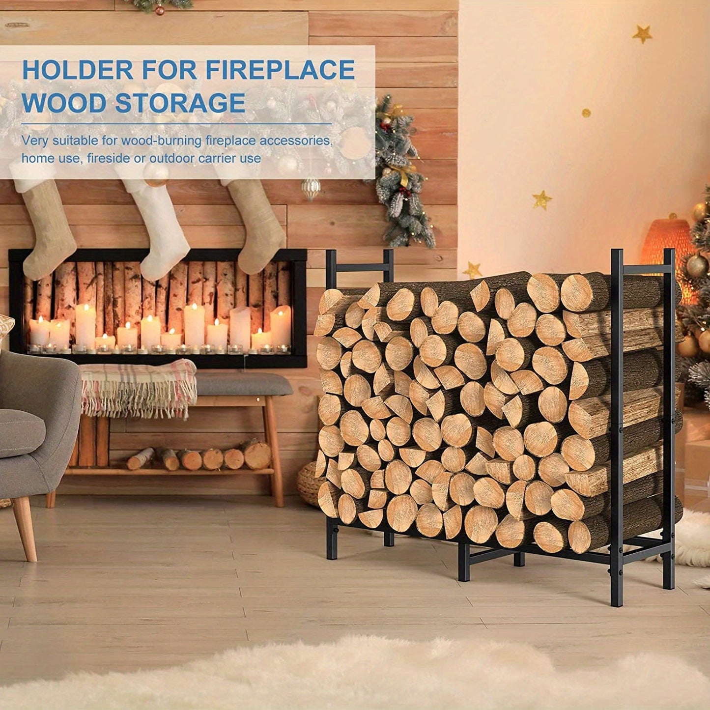 Adjustable Firewood Rack - This heavy-duty outdoor/indoor wood storage organizer for fireplaces is made of durable metal with a black powder coating and measures 79.25cm in length.