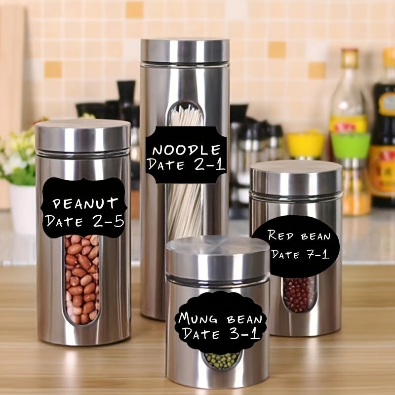 Set of 36 eco-friendly PET food storage containers that are reusable, BPA-free, airtight, and stackable. Includes self-adhesive waterproof vinyl labels for easy organization in the kitchen. Perfect for storing spices, cheese, pasta, and more.