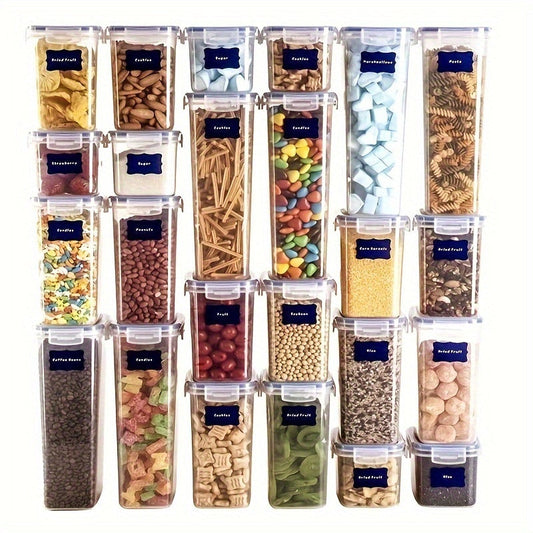 Set of 36 eco-friendly PET food storage containers that are reusable, BPA-free, airtight, and stackable. Includes self-adhesive waterproof vinyl labels for easy organization in the kitchen. Perfect for storing spices, cheese, pasta, and more.