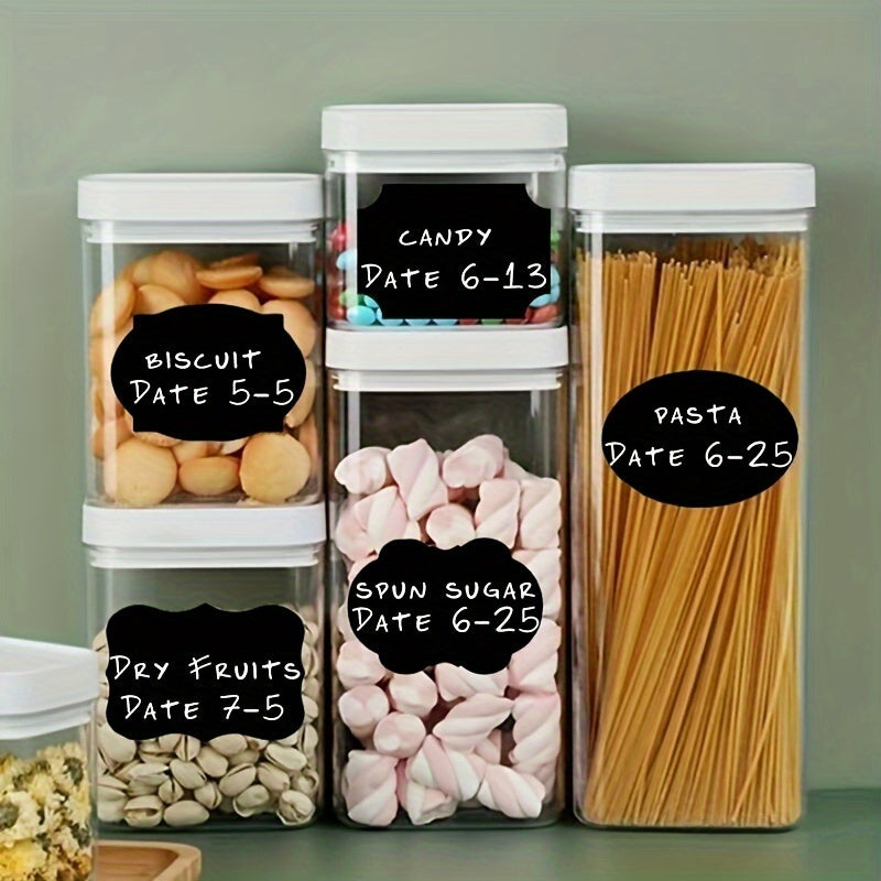 Set of 36 eco-friendly PET food storage containers that are reusable, BPA-free, airtight, and stackable. Includes self-adhesive waterproof vinyl labels for easy organization in the kitchen. Perfect for storing spices, cheese, pasta, and more.