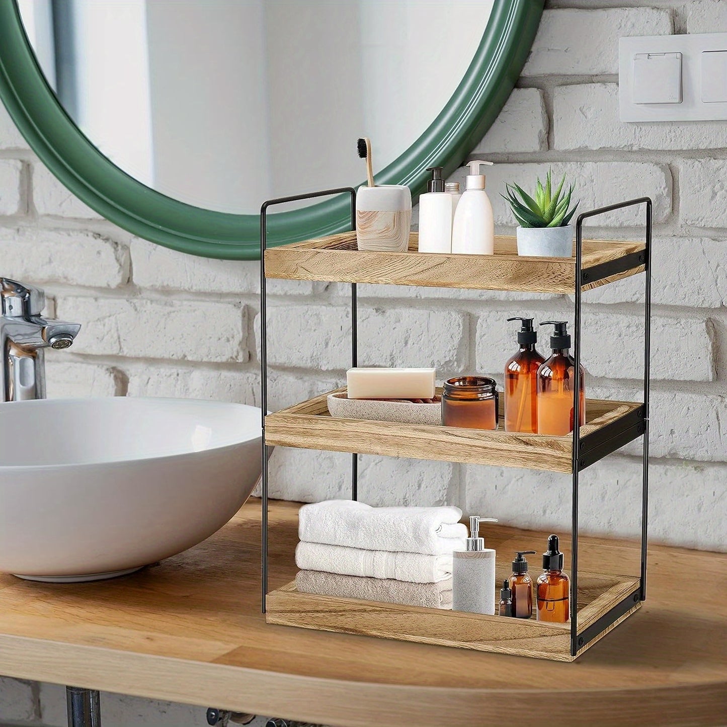 1pc 2/3-Tier Solid Wood and Metal Display Rack - Versatile Organizer for Various Spaces - Elegant Countertop Shelf with Multi-Use Tiers for Decor and Function, Bathroom and Kitchen Storage.