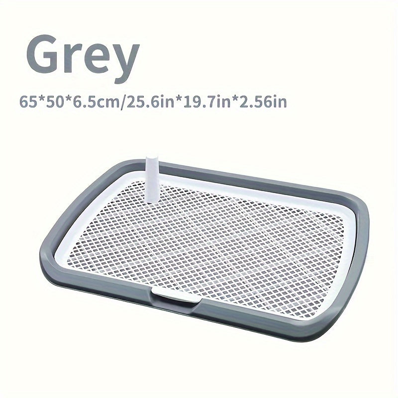 Large dog potty training tray for dogs up to 49.9 KG with removable mesh and post, made of durable plastic. Hygienic, easy-to-clean indoor puppy pad.