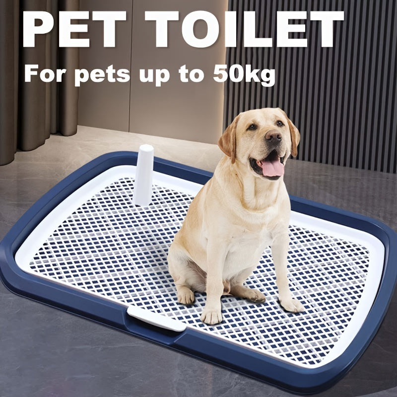 Large dog potty training tray for dogs up to 49.9 KG with removable mesh and post, made of durable plastic. Hygienic, easy-to-clean indoor puppy pad.