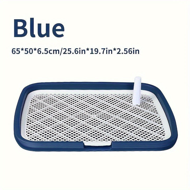 Large dog potty training tray for dogs up to 49.9 KG with removable mesh and post, made of durable plastic. Hygienic, easy-to-clean indoor puppy pad.