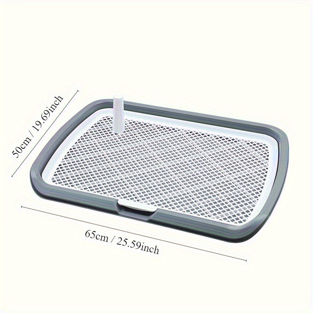 Large dog potty training tray for dogs up to 49.9 KG with removable mesh and post, made of durable plastic. Hygienic, easy-to-clean indoor puppy pad.