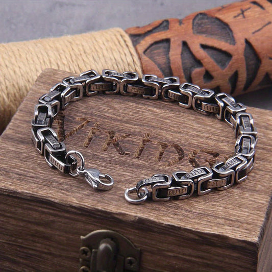 Men's Stainless Steel Cuban Chain Bracelet featuring a Viking design, perfect for adding a touch of vintage metal and Kpop style to your outfit. This pulseras emo cute luxury jewelry makes a great gift for any occasion.