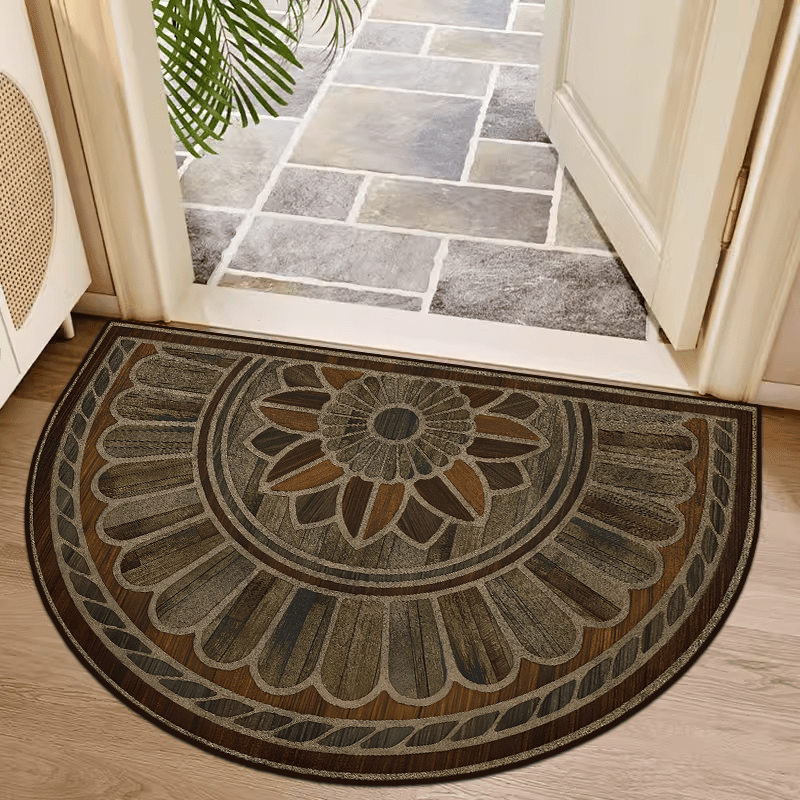 Semi-Circular Door Mat with Retro Wood Grain Design: Available in 50cm/19inch and 60cm/23inch Sizes - Features Non-Slip, Thick Material, and Hand Washable qualities.