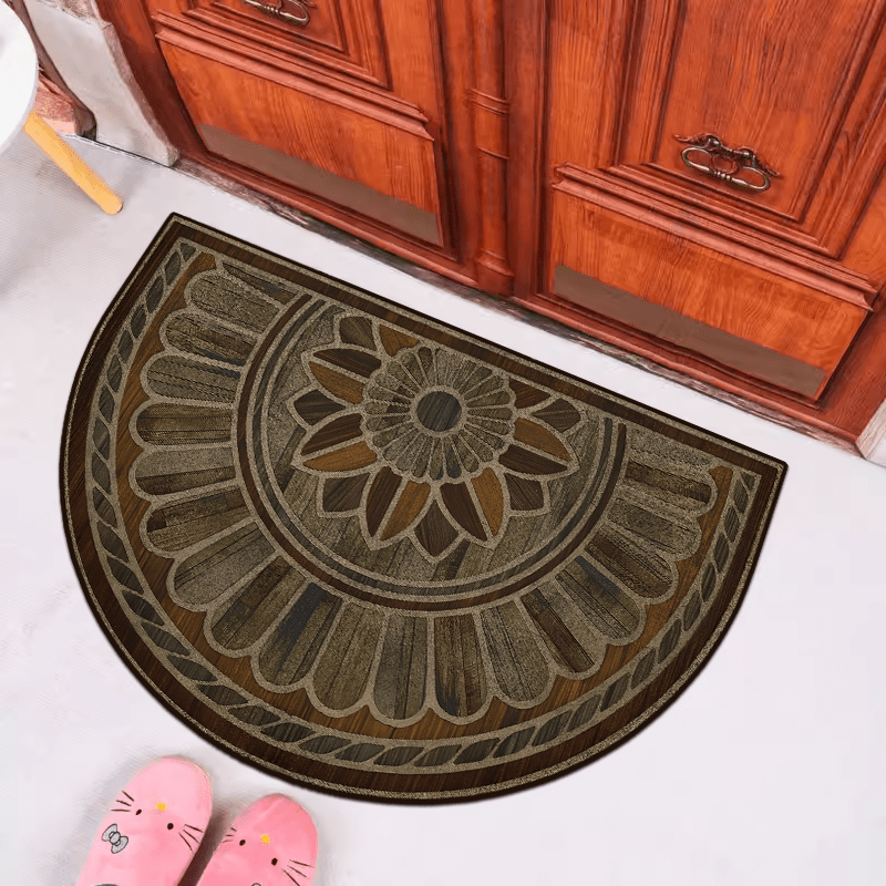 Semi-Circular Door Mat with Retro Wood Grain Design: Available in 50cm/19inch and 60cm/23inch Sizes - Features Non-Slip, Thick Material, and Hand Washable qualities.