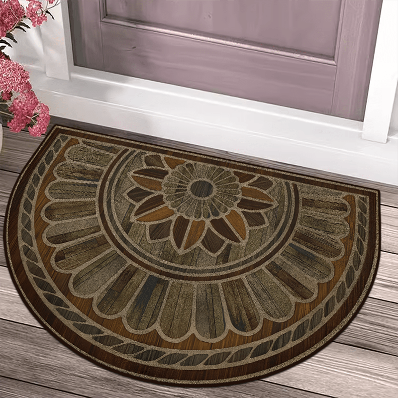 Semi-Circular Door Mat with Retro Wood Grain Design: Available in 50cm/19inch and 60cm/23inch Sizes - Features Non-Slip, Thick Material, and Hand Washable qualities.