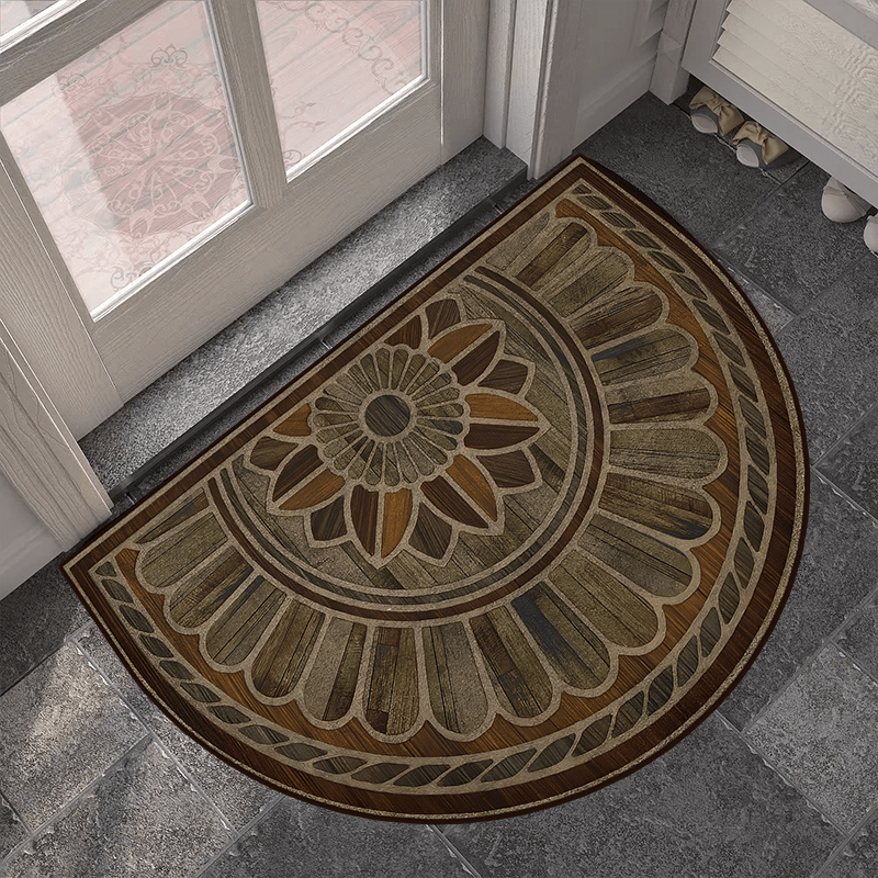 Semi-Circular Door Mat with Retro Wood Grain Design: Available in 50cm/19inch and 60cm/23inch Sizes - Features Non-Slip, Thick Material, and Hand Washable qualities.