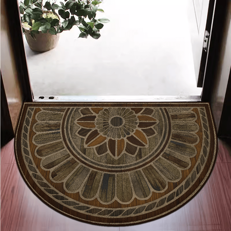 Semi-Circular Door Mat with Retro Wood Grain Design: Available in 50cm/19inch and 60cm/23inch Sizes - Features Non-Slip, Thick Material, and Hand Washable qualities.