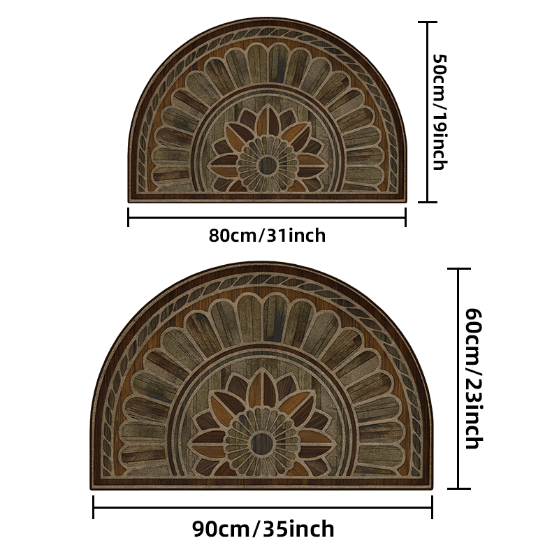 Semi-Circular Door Mat with Retro Wood Grain Design: Available in 50cm/19inch and 60cm/23inch Sizes - Features Non-Slip, Thick Material, and Hand Washable qualities.