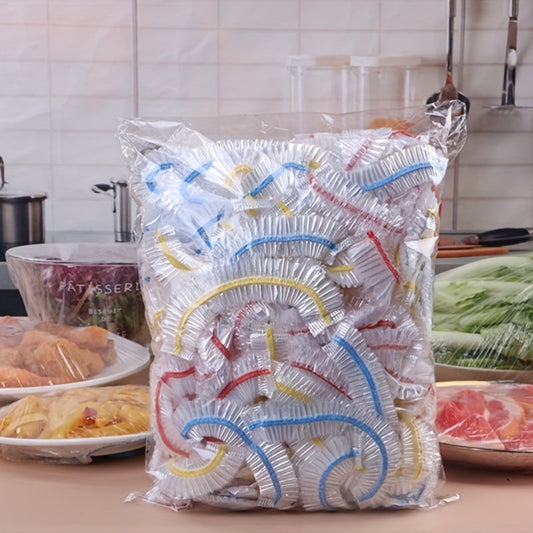 "Свежая пленка Elastic Plastic Wrap Covers - 100 штук, изготовлена из пленки пищевого класса PE, одноразовые крышки для мисок для использования на кухне, сохраняющие продукты свежими и защищенными, идеально подходят для упаковки продуктов"