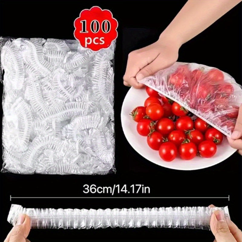 "Свежая пленка Elastic Plastic Wrap Covers - 100 штук, изготовлена из пленки пищевого класса PE, одноразовые крышки для мисок для использования на кухне, сохраняющие продукты свежими и защищенными, идеально подходят для упаковки продуктов"