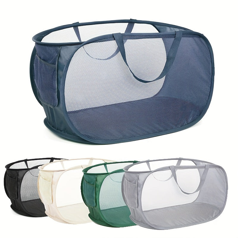 The Collapsible Mesh Laundry Hamper with Side Pocket and Sturdy Handles is perfect for bedrooms and bathrooms. Made of durable polyester, this basket is ideal for ages 14 and up and makes a great gift for Christmas, Thanksgiving, or Easter.