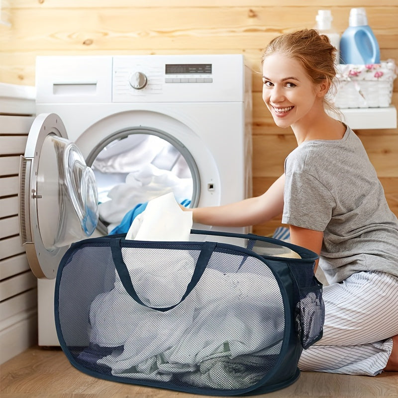 The Collapsible Mesh Laundry Hamper with Side Pocket and Sturdy Handles is perfect for bedrooms and bathrooms. Made of durable polyester, this basket is ideal for ages 14 and up and makes a great gift for Christmas, Thanksgiving, or Easter.