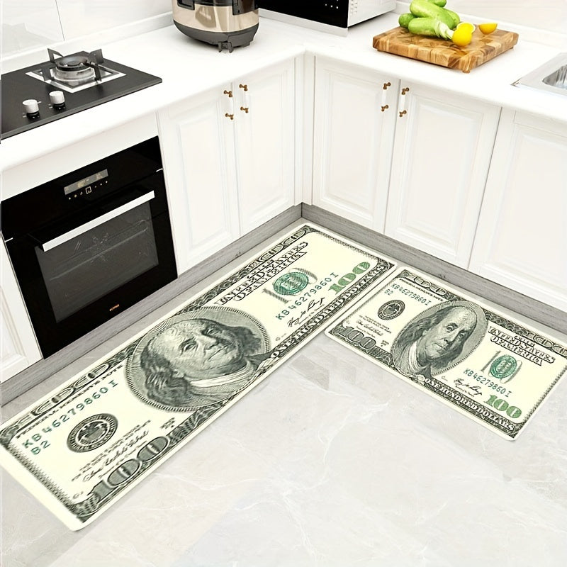 Polyester 3D Dollar Bill Carpet featuring a 1cm thick foam, Money design, suitable for the living room floor, bedroom door, and kids bedroom decor. This home carpet is also machine washable.