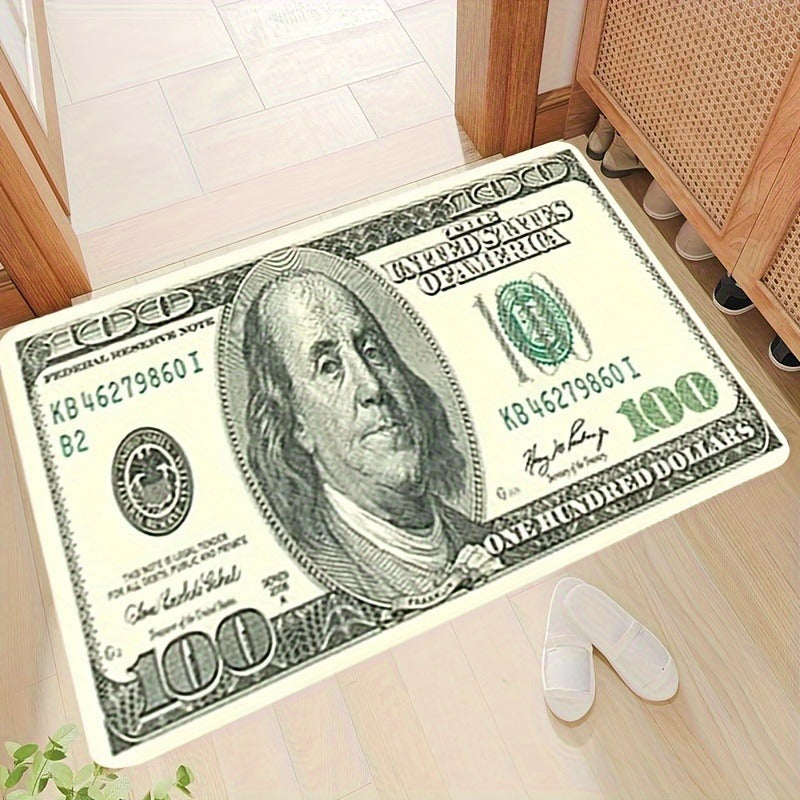 Polyester 3D Dollar Bill Carpet featuring a 1cm thick foam, Money design, suitable for the living room floor, bedroom door, and kids bedroom decor. This home carpet is also machine washable.