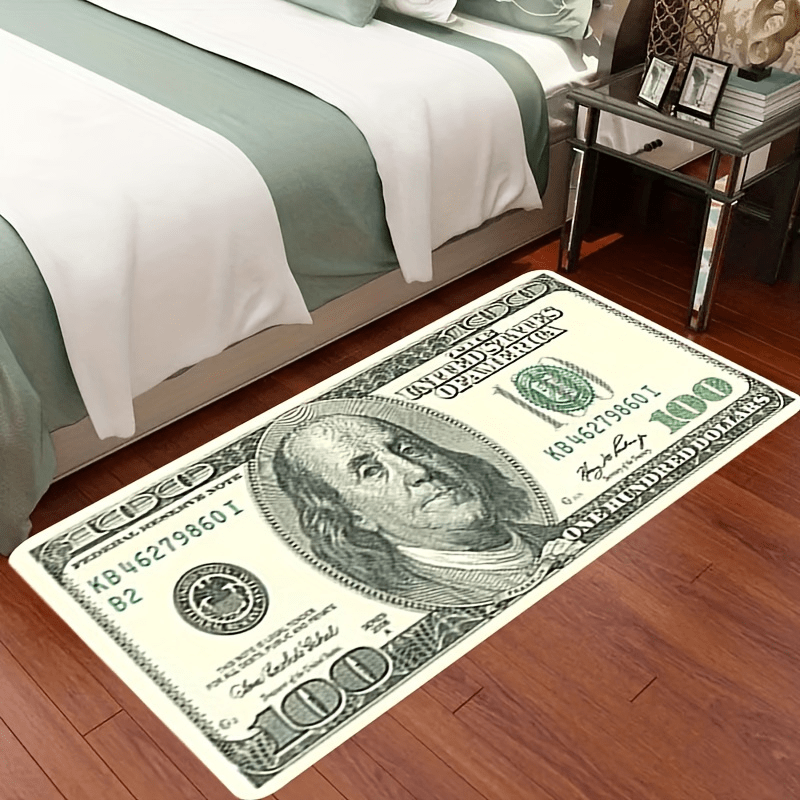 Polyester 3D Dollar Bill Carpet featuring a 1cm thick foam, Money design, suitable for the living room floor, bedroom door, and kids bedroom decor. This home carpet is also machine washable.