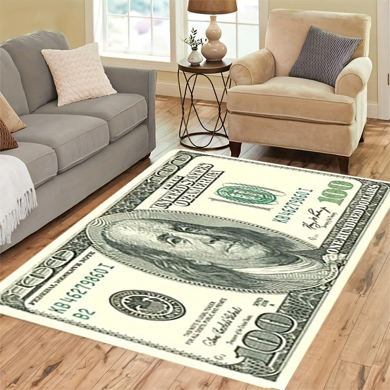 Polyester 3D Dollar Bill Carpet featuring a 1cm thick foam, Money design, suitable for the living room floor, bedroom door, and kids bedroom decor. This home carpet is also machine washable.